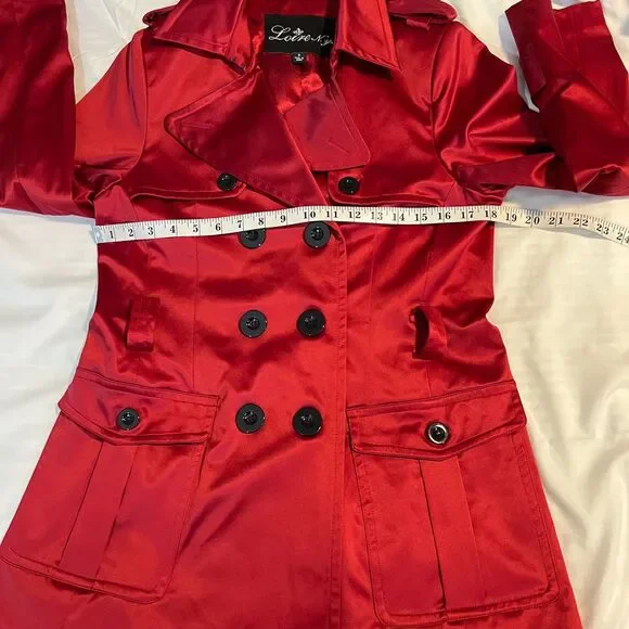 Love NY Red Satin Double-Breasted Trench Coat Military Style Jacket-Small - Picture 6 of 7
